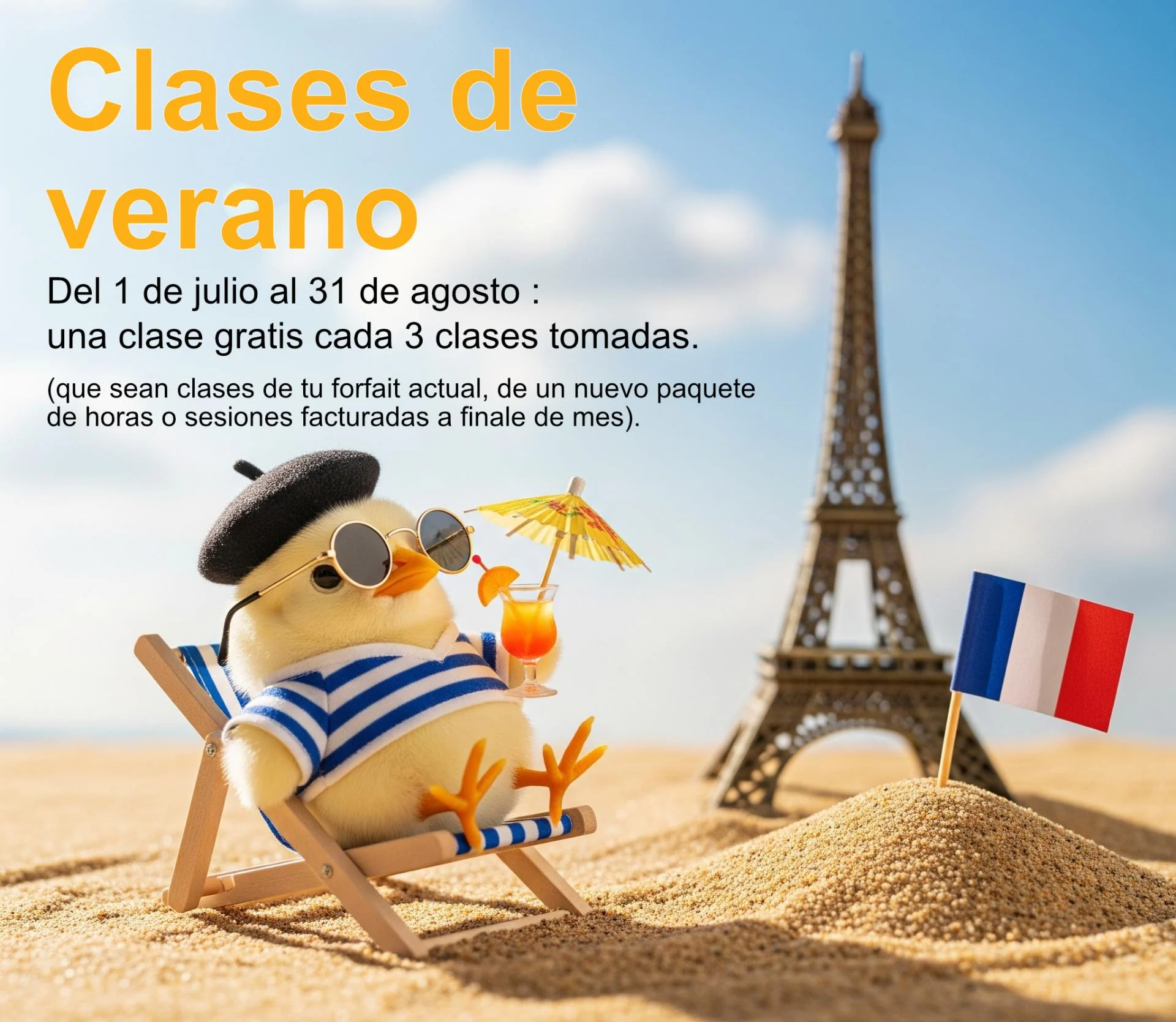 Poussin francais en vacances texte orange haut gauche offre 1